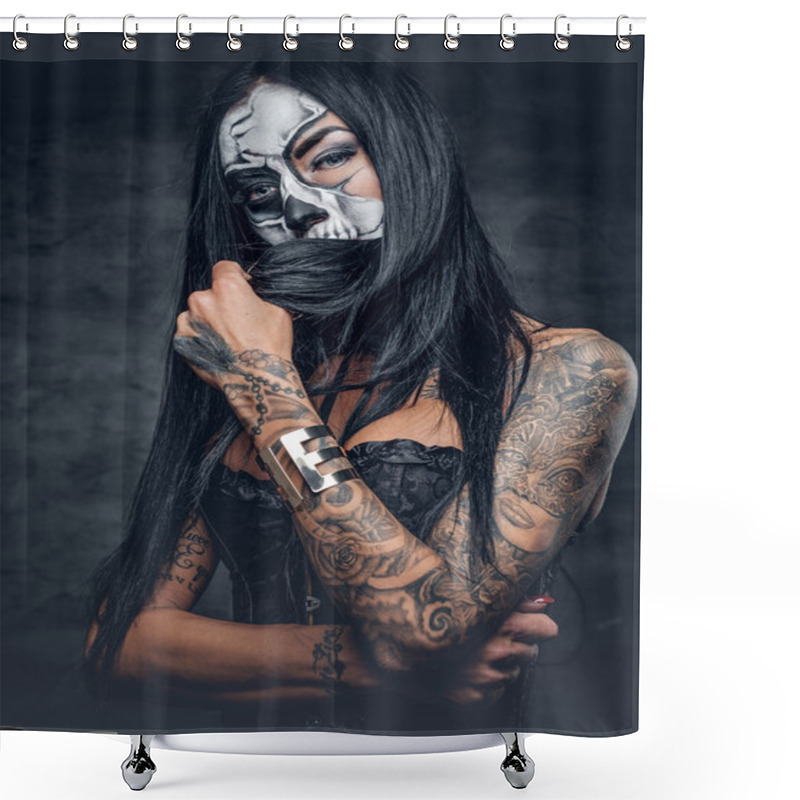 Personality  Tattooed Girl With Skull Make Up Shower Curtains