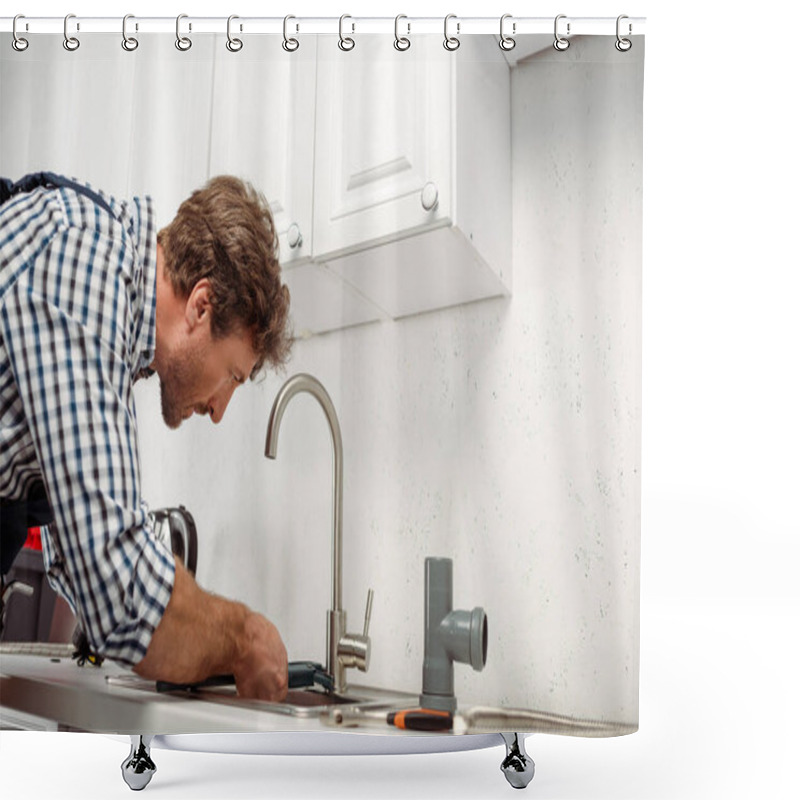 Personality  Side View Of Plumber Holding Pipe Wrench While Repairing Kitchen Faucet Near Tools On Worktop  Shower Curtains