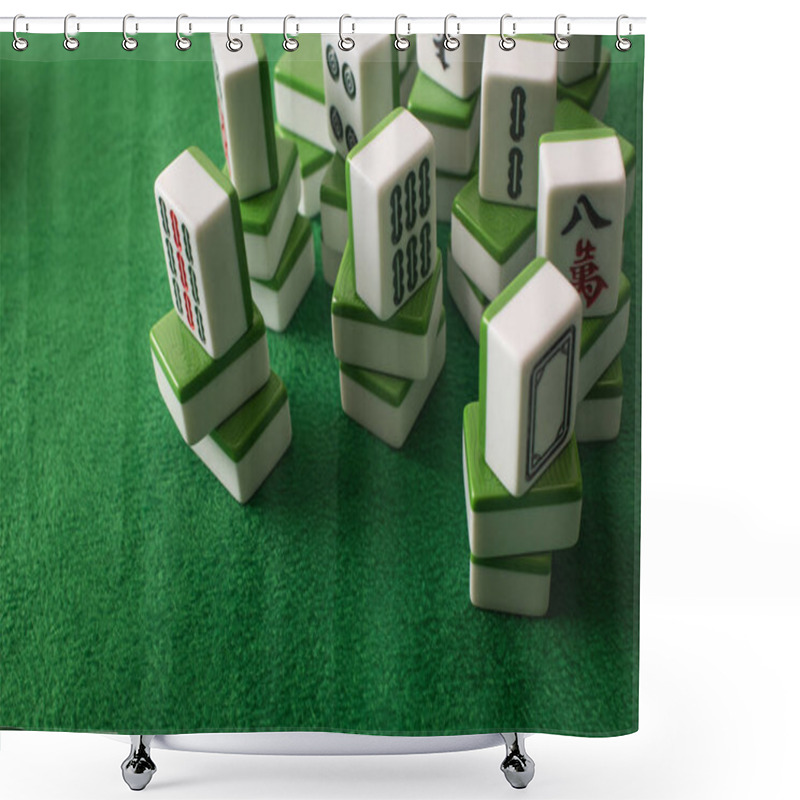 Personality  KYIV, UKRAINE - JANUARY 30, 2019: Stacks Of Mahjong Game Tiles On Green Velour Surface Shower Curtains