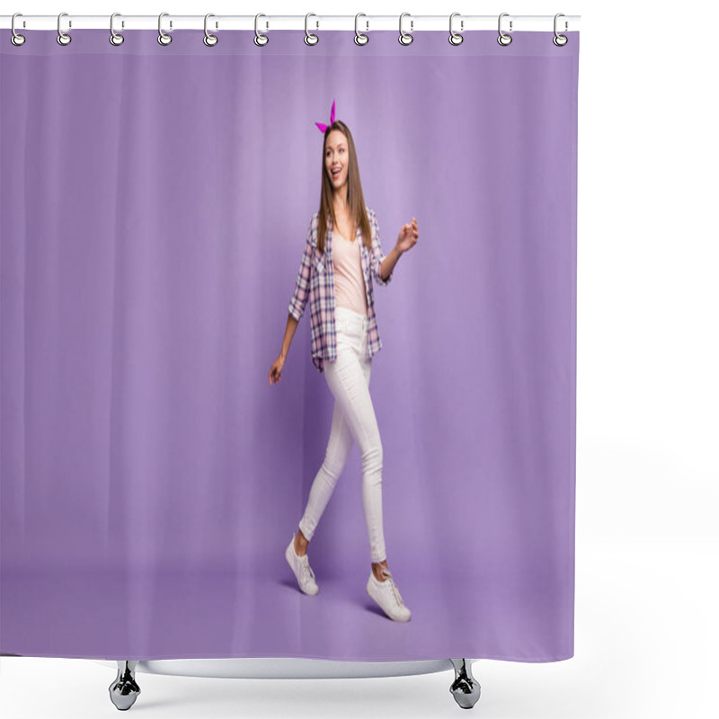 Personality  Full Length Body Size View Of Her She Nice Attractive Lovely Charming Cheerful Cheery Feminine Straight-haired Girl Walking Spending Weekend Isolated Over Violet Purple Lilac Pastel Color Background Shower Curtains