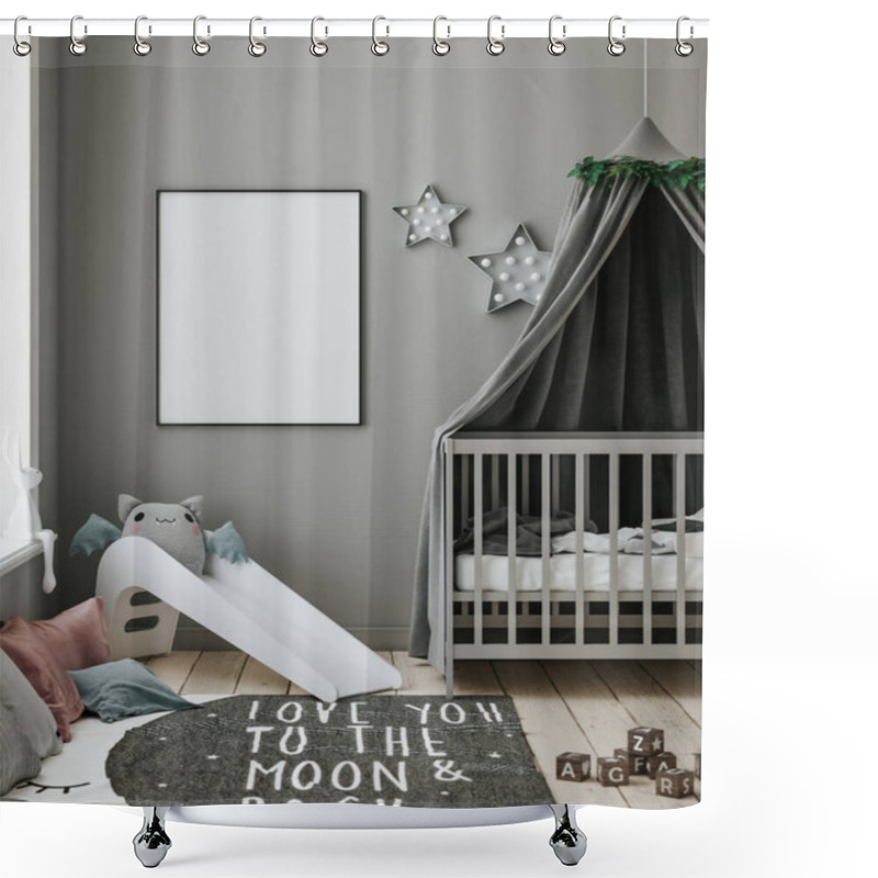 Personality  Poster Frame Mockup In Contemporary Children Room, 3d Render Shower Curtains