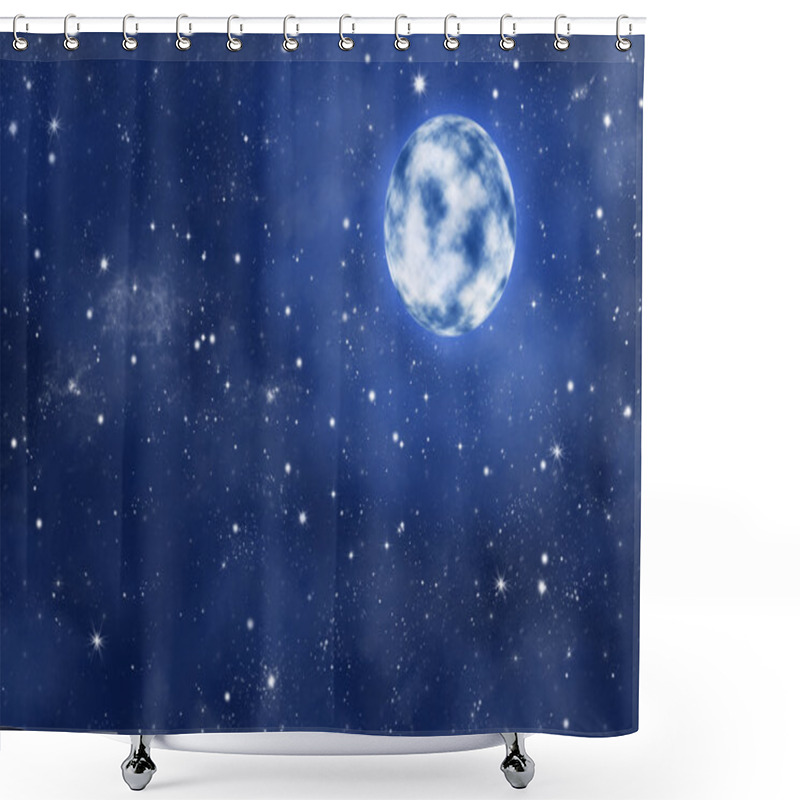 Personality  Bright Full Moon On Starry Night Sky Background, With Blue Nebula Shower Curtains