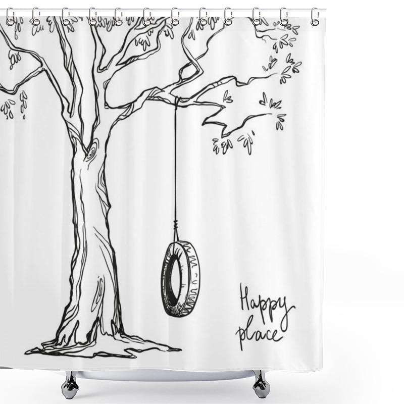 Personality  Tree With A Tyre Swing. Vector Illustration. Shower Curtains