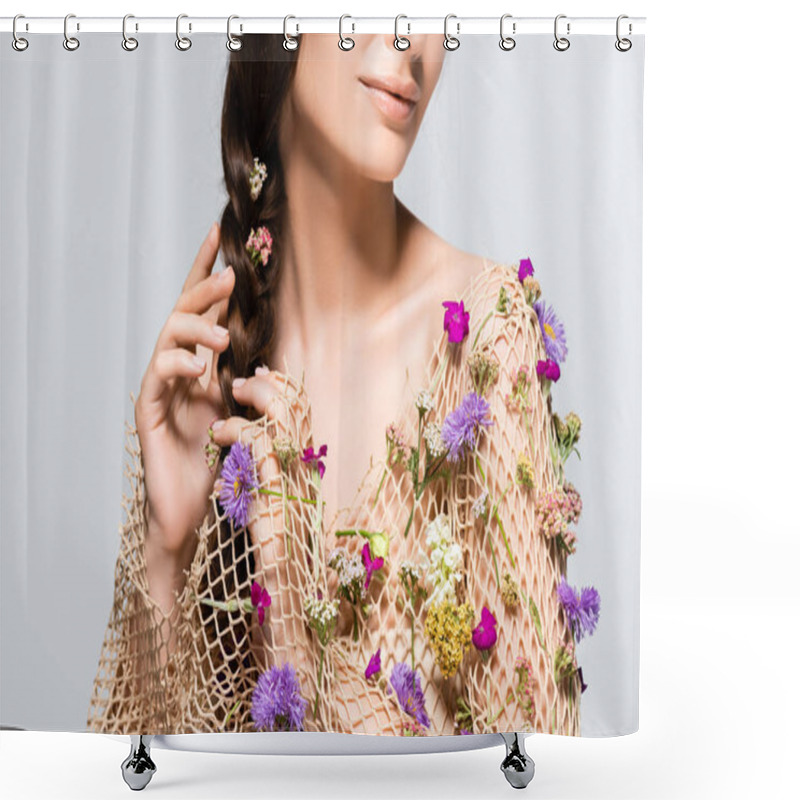 Personality  Partial View Of Beautiful Woman Touching Braid In Mesh With Spring Wildflowers Isolated On Grey Shower Curtains