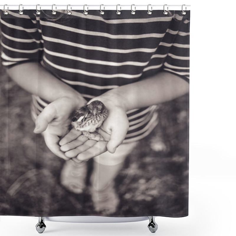 Personality  The Little Bird That Fell From The Nest In The Hands Of A Child. Old Style Monochrome Photo. Shower Curtains