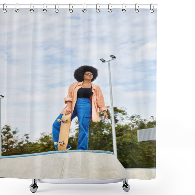 Personality  A Young African American Woman Proudly Holds A Skateboard At The Top Of A Ramp In An Outdoor Skate Park. Shower Curtains