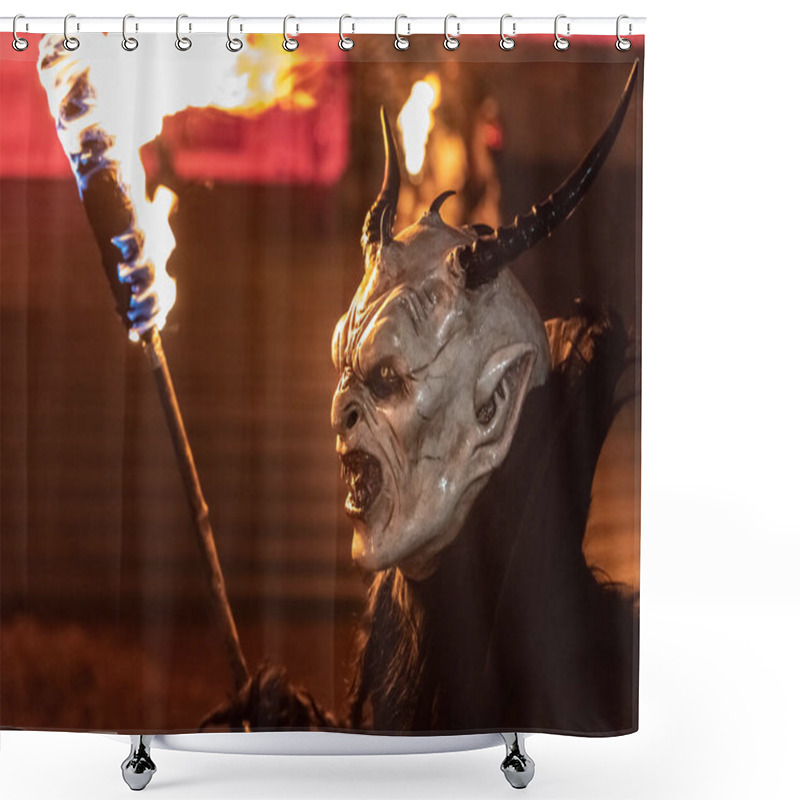 Personality  Krampus. Christmas Devils. Flames. Fire. Waiting For San Nicolo Shower Curtains