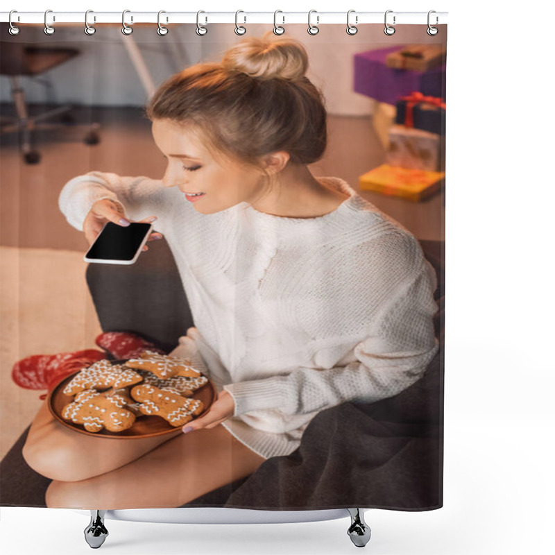 Personality  Angle View Of Young Blonde Woman Sitting On Couch And Taking Picture Of Gingerbread Cookies With Smartphone At Christmas Time Shower Curtains