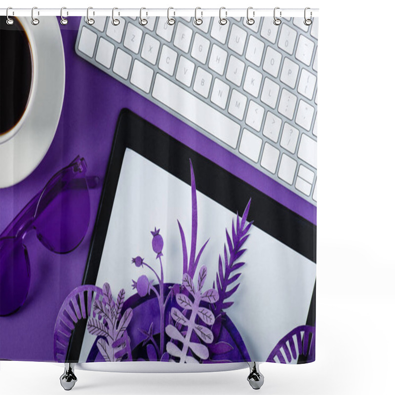 Personality  Top View Of Workspace With Computer Keyboard And Coffee Cup Decorated With Paper Flowers Shower Curtains