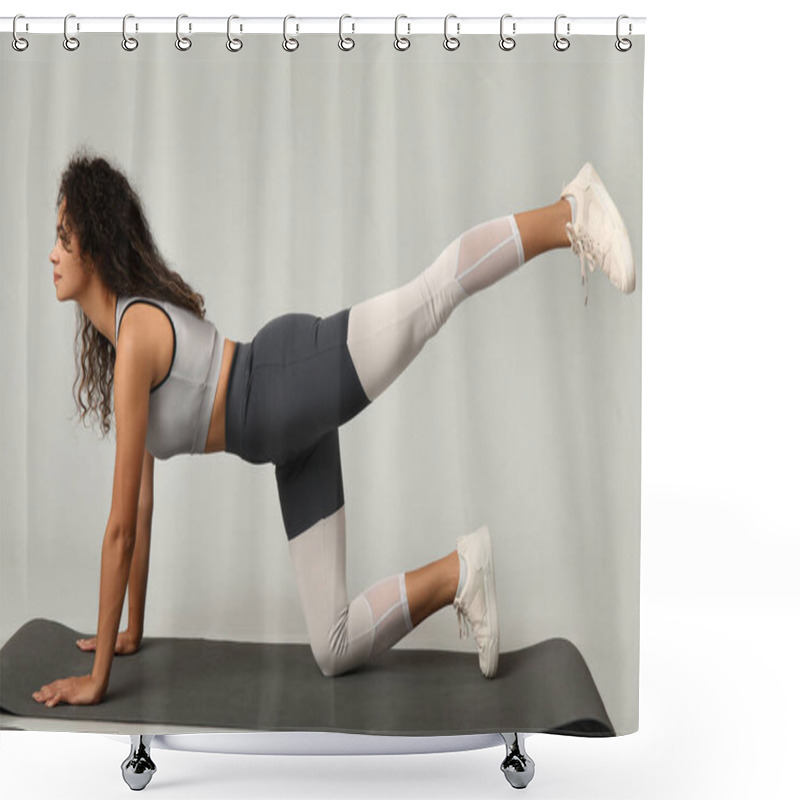 Personality  Young African-American Woman Practicing Pilates On Grey Background Shower Curtains