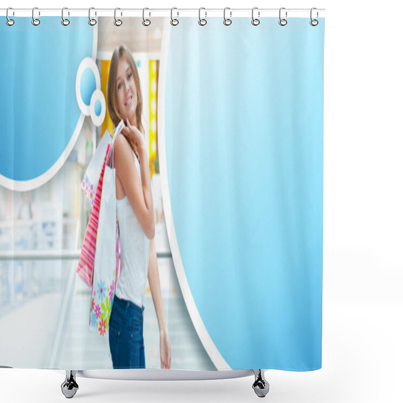 Personality  Happy Shopping Woman At The Mall Preparing Gifts For Her Friends Shower Curtains