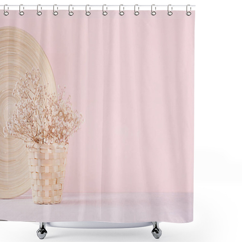 Personality  Small White Dried Flowers In Beige Wicker Basket And Bamboo Plate On Soft Pink Pastel Background. Fresh Light Gentle Background. Shower Curtains