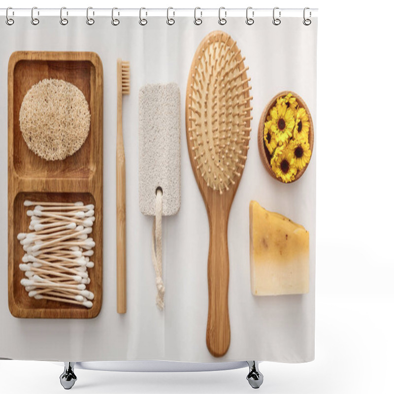 Personality  Flat Lay With Wooden Dish With Cotton Swabs And Loofah Near Toothbrush, Hairbrush, Piece Of Soap, Pumice Stone And Cup With Flowers On White Background Shower Curtains