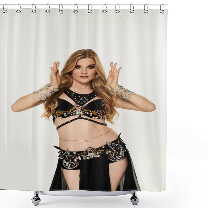 Personality  Young Woman Mesmerizes In Vibrant Belly Dance Attire, Gracefully Moving To Traditional Music. Shower Curtains