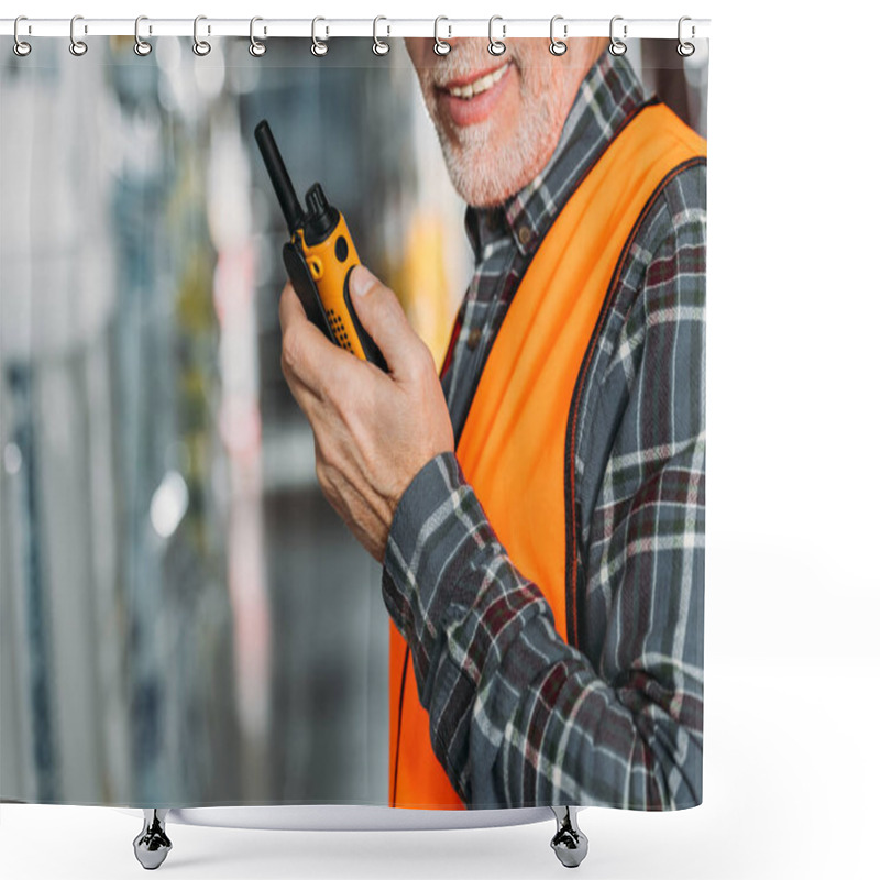 Personality  Cropped View Of Senior Worker Using Walkie Talkie In Storehouse Shower Curtains