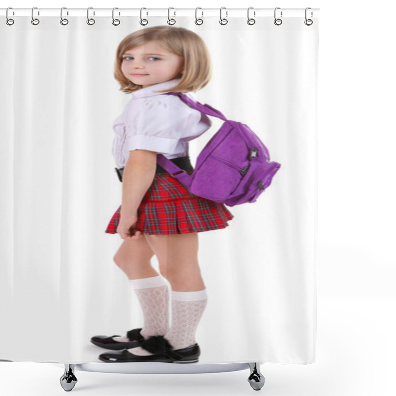 Personality  Beautiful Little Girl With Backpack Isolated On White Shower Curtains