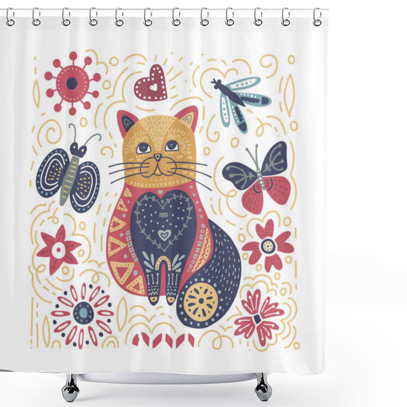 Personality  Folk Art Vector Cat Illustration. Shower Curtains