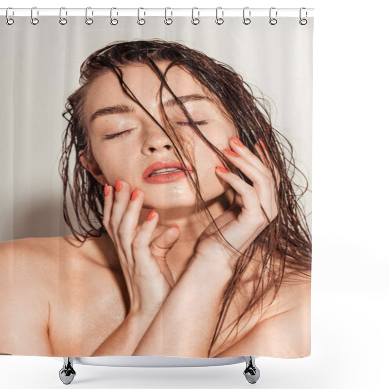 Personality  Beautiful Young Woman With Coral Lips, Eyes Closed  And Wet Hair Touching Face On Grey Background Shower Curtains