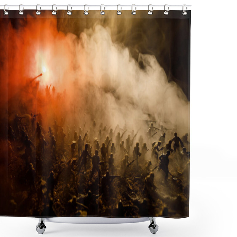 Personality  War Concept. Military Silhouettes Fighting Scene On War Fog Sky Background, World War Soldiers Silhouettes Below Cloudy Skyline At Night. Attack Scene. Armored Vehicles. Selective Focus. Decoration Shower Curtains