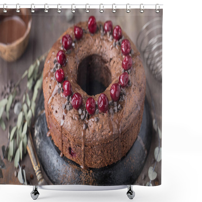 Personality  Chocolate Cherry Cake For Winter Holidays.  Shower Curtains