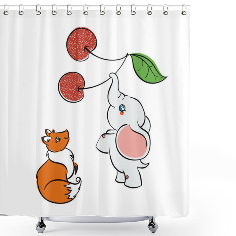 Personality  Cute Friendly Animals. Fox And Elephant With Cherry. Shower Curtains