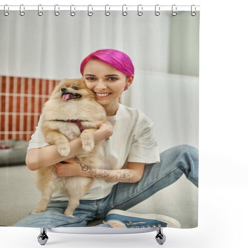 Personality  Purple-haired Woman Sitting On Floor And Embracing Pomeranian Spitz, Affection Of Dog And Pet Sitter Shower Curtains