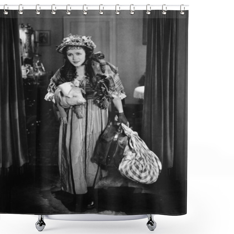 Personality  Young Woman Carrying A Luggage And A Pig Shower Curtains