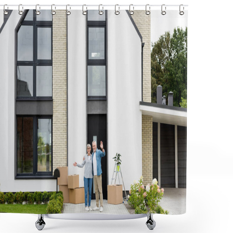 Personality  Smiling Mature Man And Woman Waving Near New House  Shower Curtains