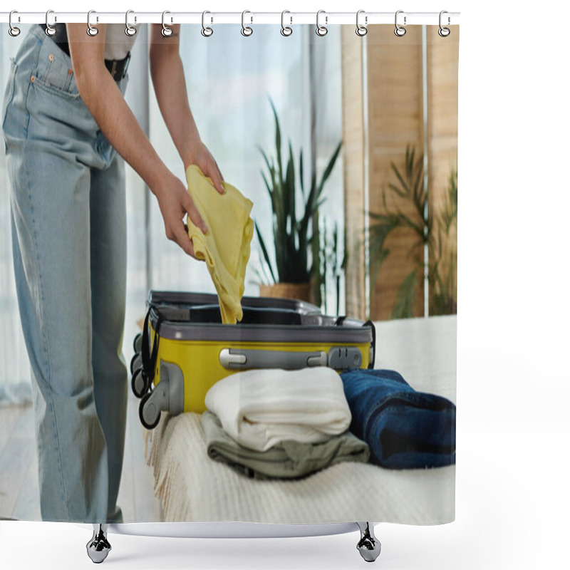 Personality  Young Woman Preparing Suitcase At Home Before Her Upcoming Vacation And Trip. Shower Curtains