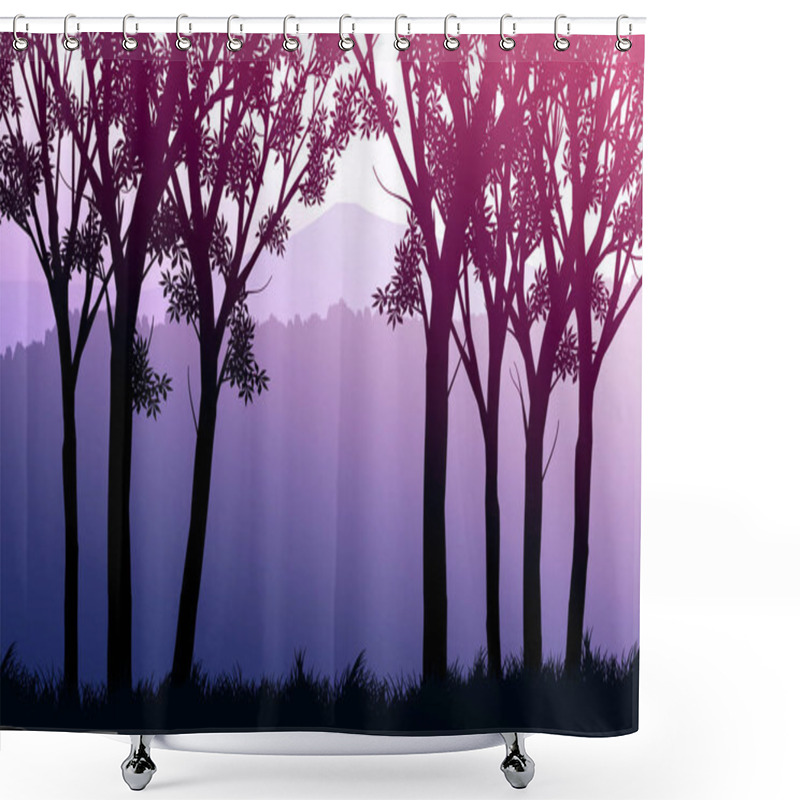 Personality  Natural Forest Mountains Horizon Hills Silhouettes Of Trees. Evening Sunrise And Sunset. Landscape Wallpaper. Illustration Vector Style. Colorful View Background. Shower Curtains