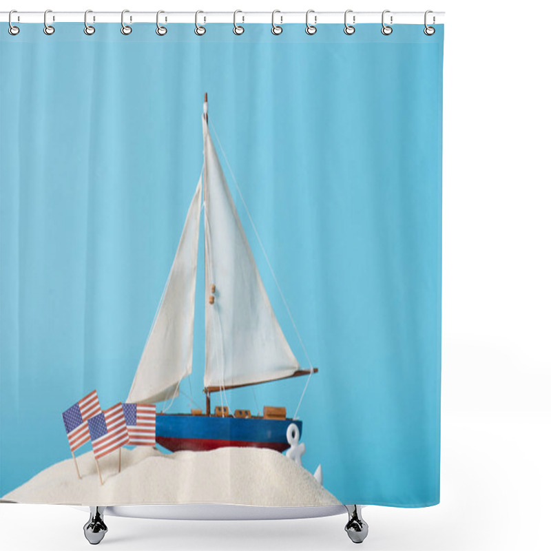 Personality  Decorative Ship Near American National Flags In White Sand Isolated On Blue Shower Curtains