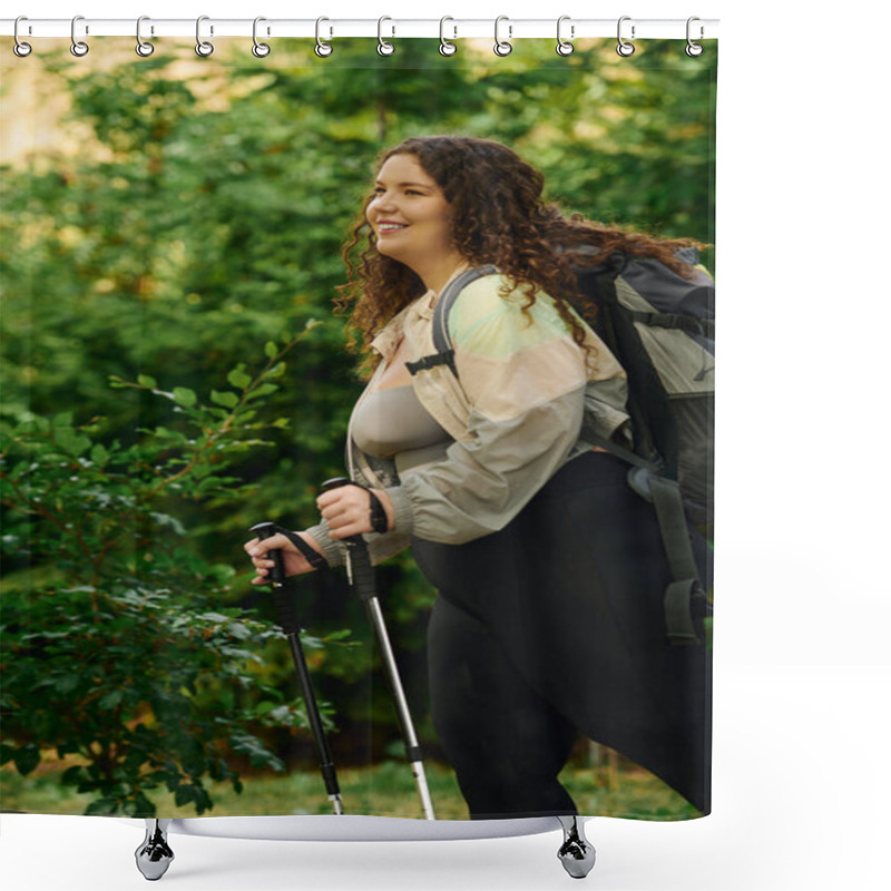 Personality  A Joyful Plus Size Woman Walks Through A Vibrant Nature Forest, Enjoying Her Outdoor Adventure. Shower Curtains