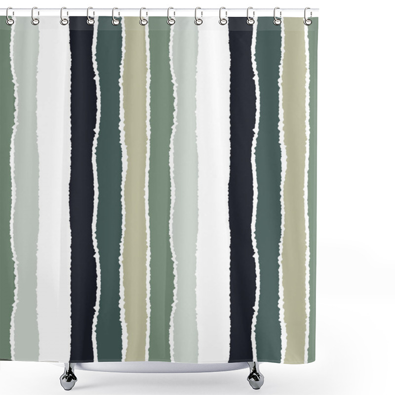 Personality  Striped Seamless Pattern. Vertical Wide Lines With Torn Paper Effect. Shred Edge Band Background. Gray, White, Olive Contrast Colors. Vector Shower Curtains