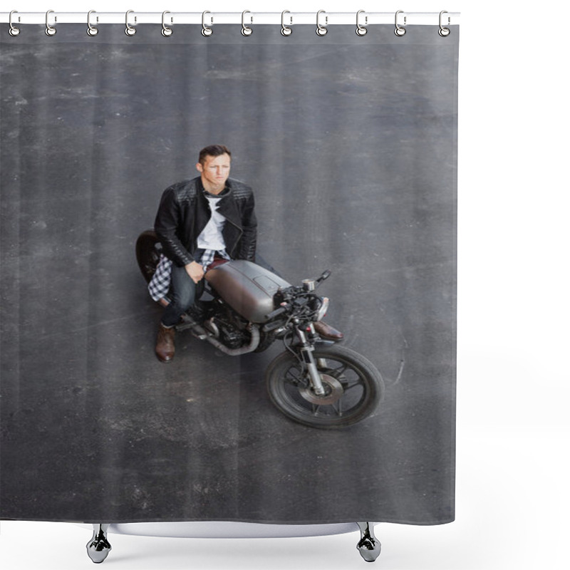 Personality  Top View To Brutal Man With Cafe Racer Custom Motorbike. Shower Curtains