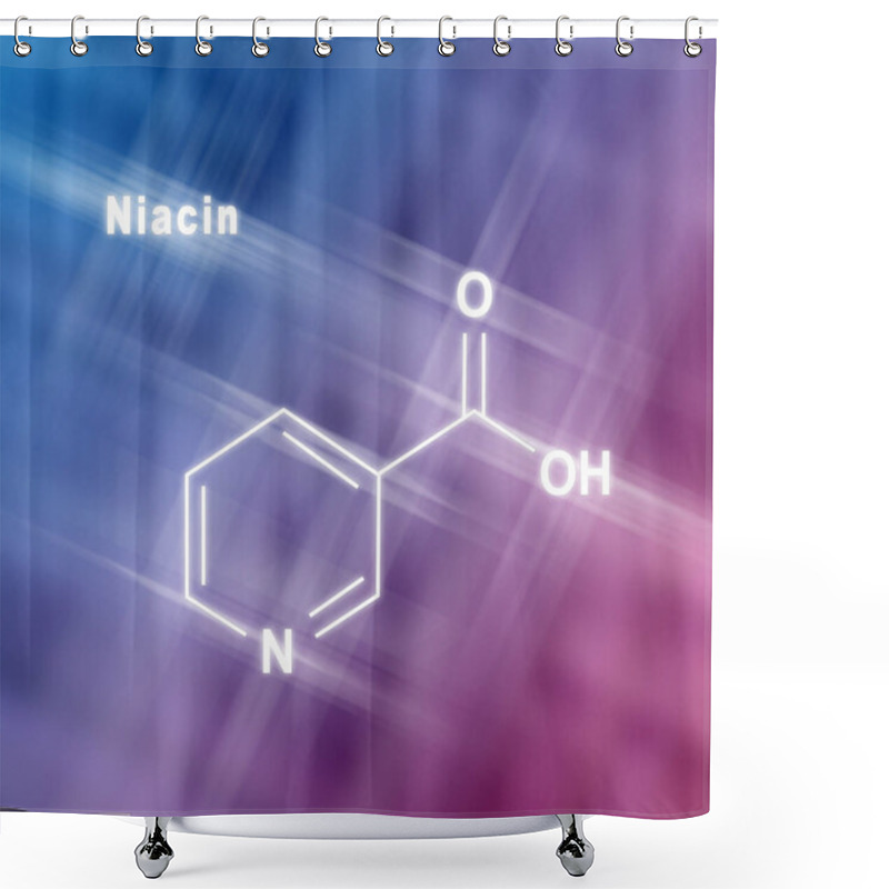 Personality  Niacin (nicotinic Acid) Molecule, Vitamin B3 Structural Chemical Formula Blue Pink Background Shower Curtains