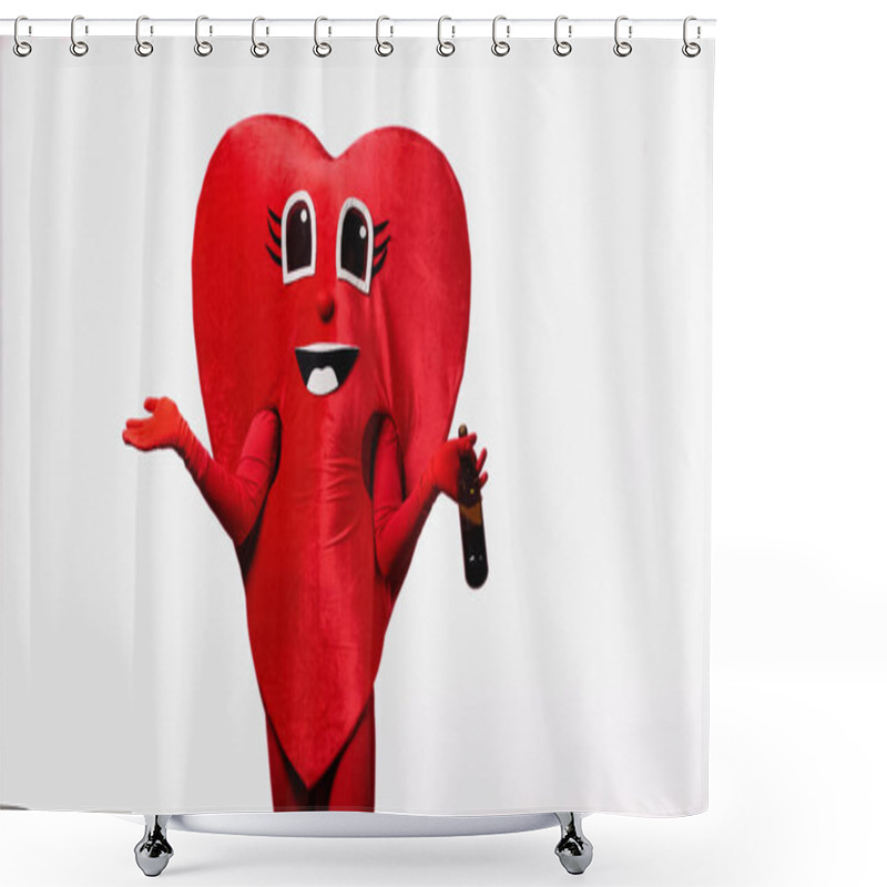 Personality  Person In Heart Costume Holding Bottle With Wine Isolated On White Shower Curtains