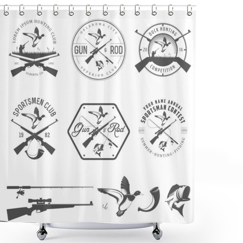 Personality  Set Of Hunting And Fishing Labels And Design Elements Shower Curtains