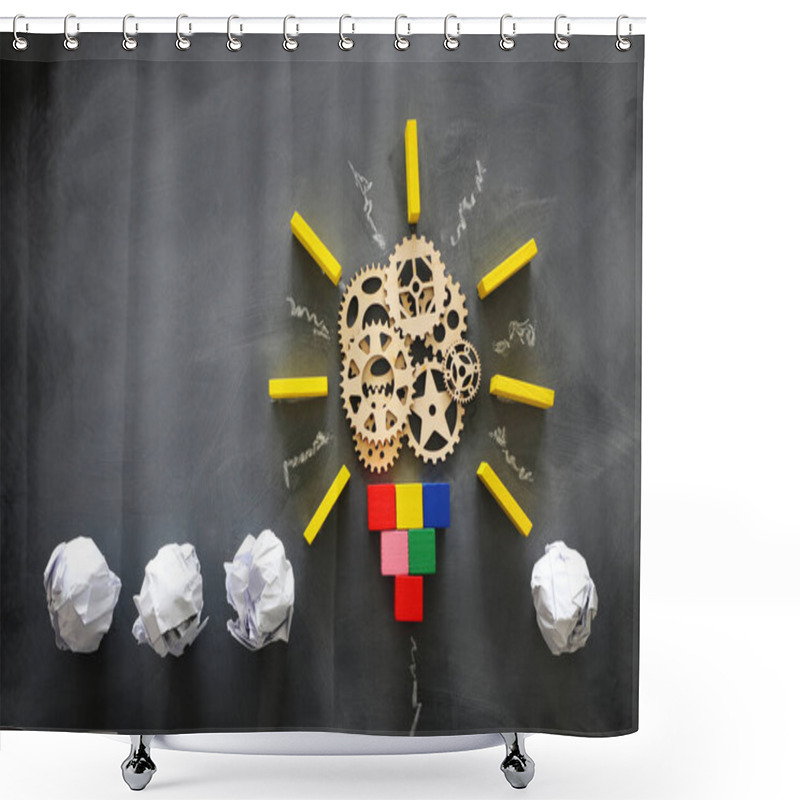 Personality  Education Concept Image. Creative Idea And Innovation. Wooden Gears Light Bulb Metaphor Over Blackboard Shower Curtains