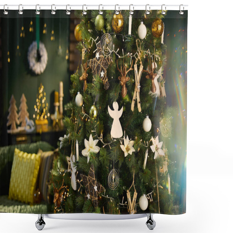 Personality  Christmas Decorated Green Modern Home With Big Christmas Tree. Shower Curtains