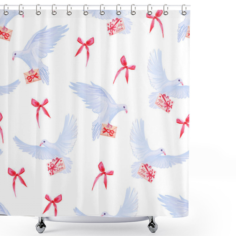 Personality  Doves With Love Mail And Bows Seamless Vector Print. Shower Curtains