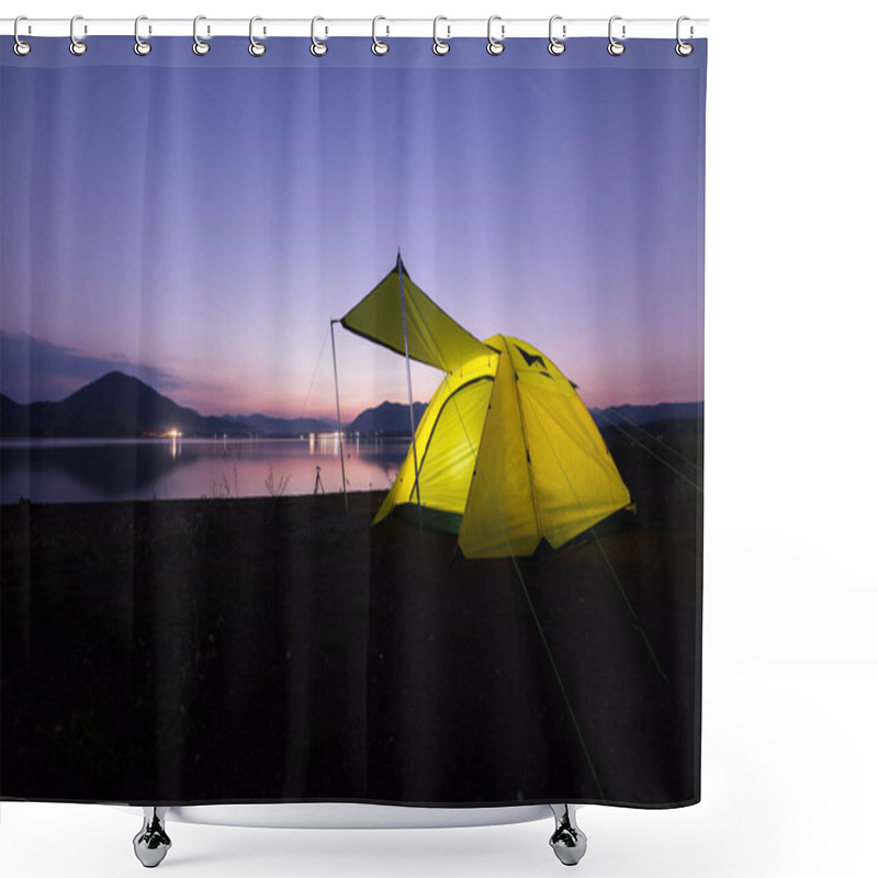 Personality  Camping Tent On Green Grass Field Under Cloudy Sky At Night Time Shower Curtains