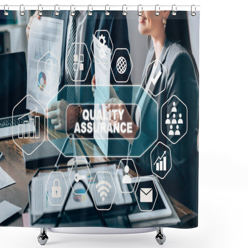 Personality  Cropped View Of Smiling Businesswoman Holding Paper With Charts Near Devices And Colleague In Office, Quality Assurance Illustration Shower Curtains