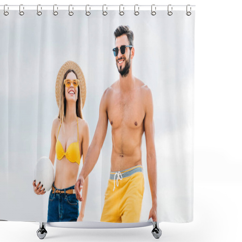 Personality  Beautiful Young Couple In Beach Clothes With Volleyball Ball In Front Of Cloudy Sky Shower Curtains