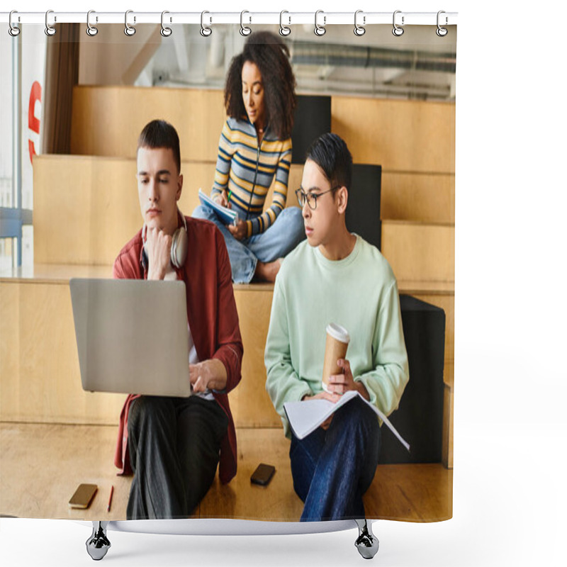 Personality  Multicultural Group Of Individuals Sitting On Stairs, Focused On Their Laptops, Engaged In Educational Activities Shower Curtains