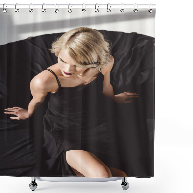 Personality  Blonde Girl Posing In Elegant Black Dress For Fashion Shoot Shower Curtains