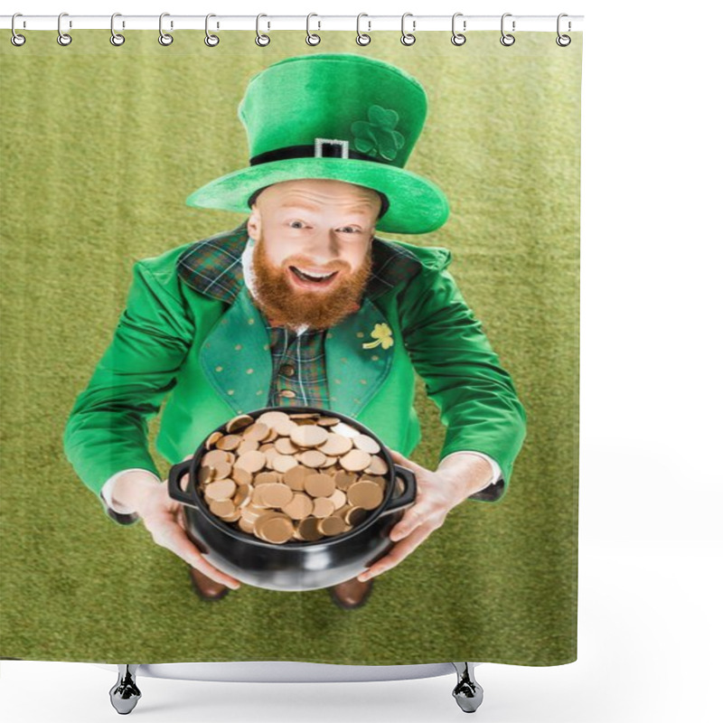 Personality  Excited Leprechaun Holding Pot Of Gold On Green Grass Shower Curtains