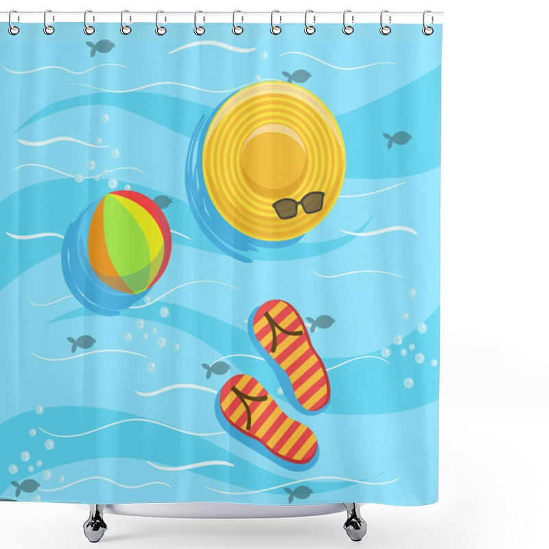 Personality  Hat, Flip-Flops And Ball With Blue Sea Water On Background Shower Curtains