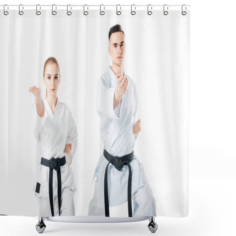 Personality  Karate Fighters With Black Belts Training Isolated On White Shower Curtains