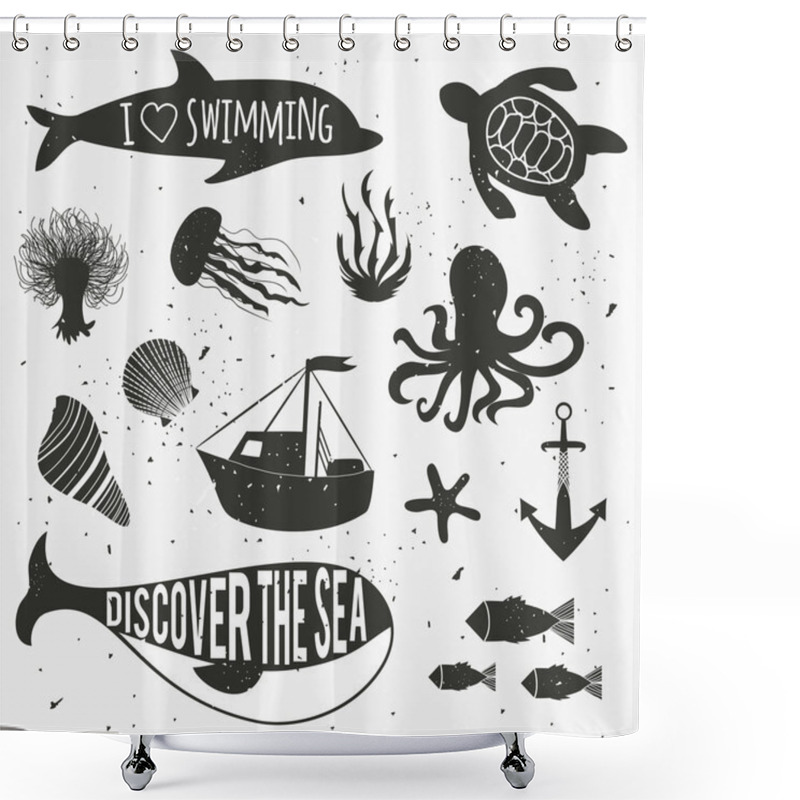 Personality  Hand Drawn Nautical Set With Plants, Shower Curtains