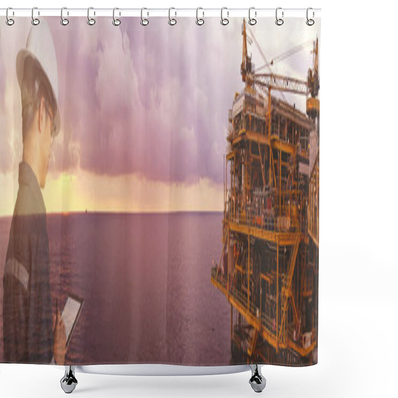 Personality  Double Exposure Of Engineer Or Technician Man With Safety Helmet Operated Platform Or Plant By Using Tablet With Offshore Oil And Gas Platform Background For Oil And Gas Business Concept. Shower Curtains